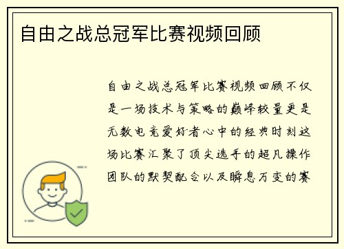 自由之战总冠军比赛视频回顾